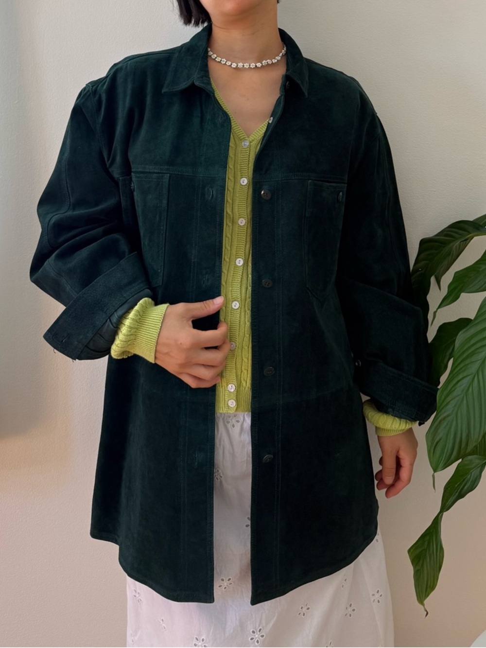 Vintage Apart 100% Pig Suede Button Front Dark Green Shacket Jacket Size Large
